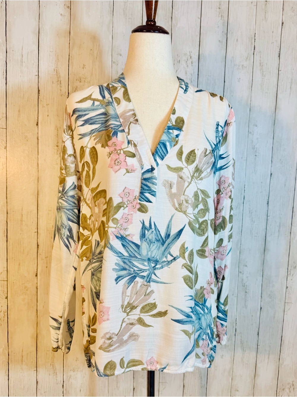 L.O.G.G | Floral Blouse US 10 Boho Botanical Split Neck Top Blue Pink Ivory